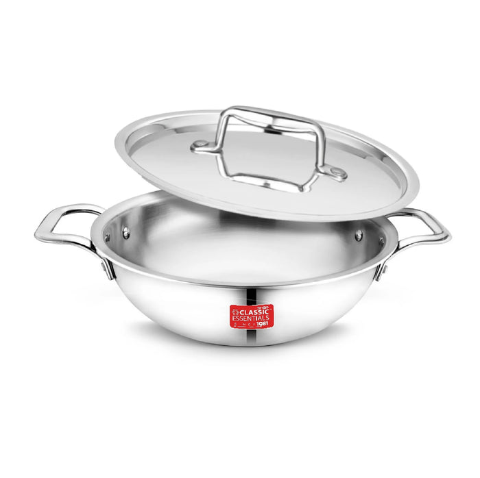 Classic Essentials Triply Stainless Steel Deep Kadhai with Lid | Food Grade Triply Stainless Steel | Induction Compatible | 26cm (3.2L)