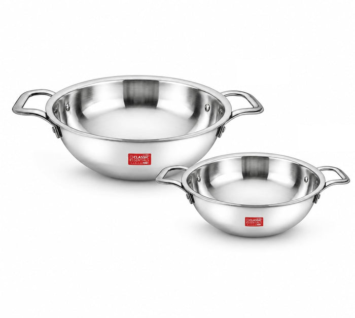 Classic Essentials Stainless Steel Kadhai Combo Set of 2 | 20 cm + 24 cm Heavy Gauge Kadhai | Multipurpose Cooking | Gas & Induction Compatible | Without Lid | Silver