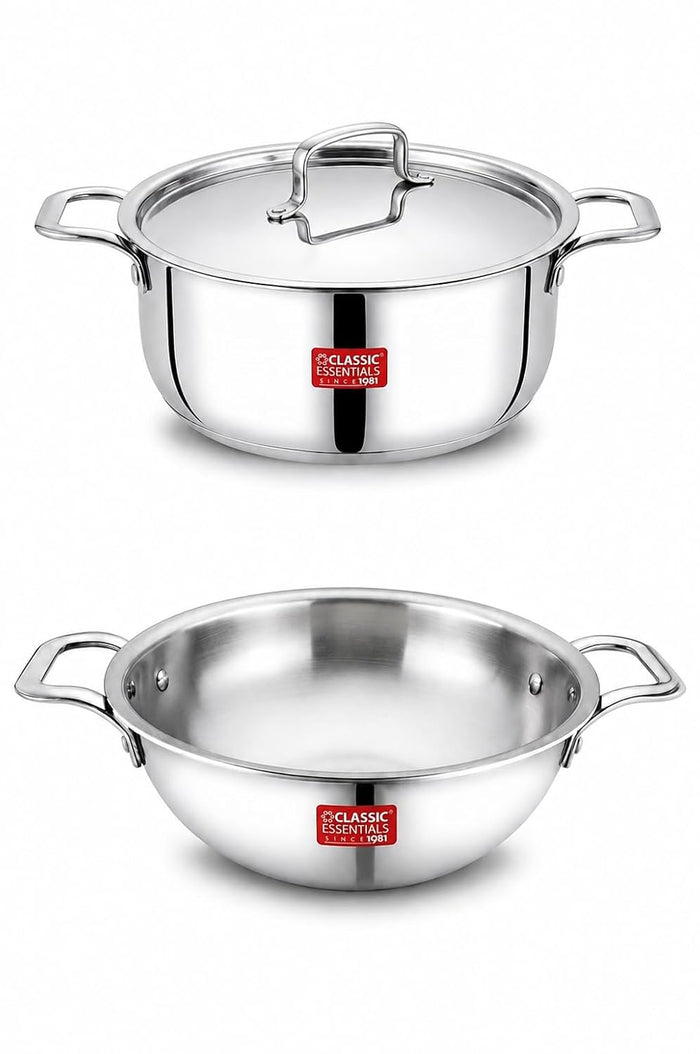 Classic Essentials Triply Stainless Steel Cookware Combo | 22cm Kadhai (2 L) + 16cm Triply Casserole with Lid & Handle | Heavy Bottom | Induction & Gas Stove Compatible | Silver