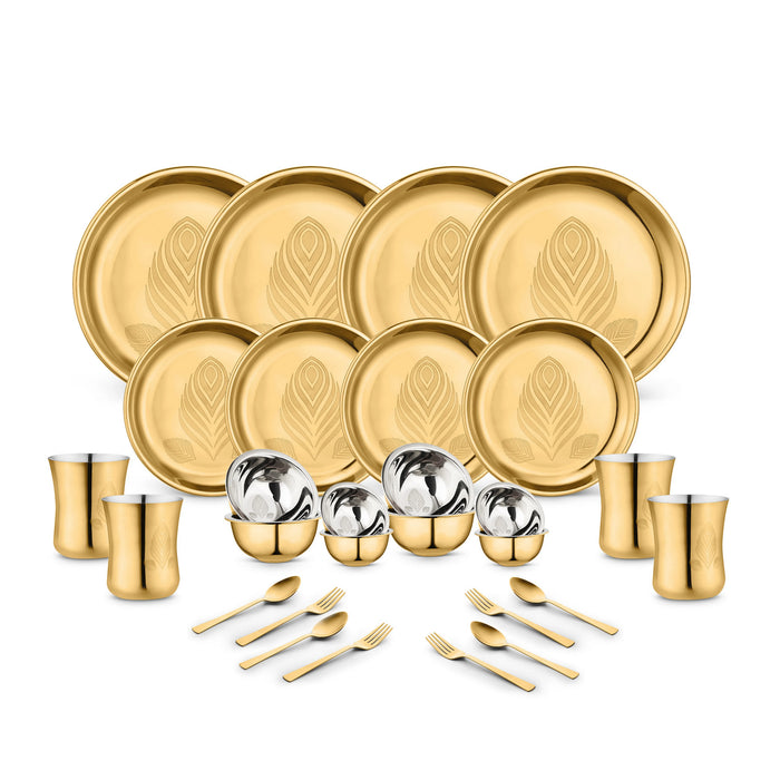 Classic Essentials 28 pc Stainless Steel Divine Dinner Set with High Grade PVD Coating and Permanent Laser Design.