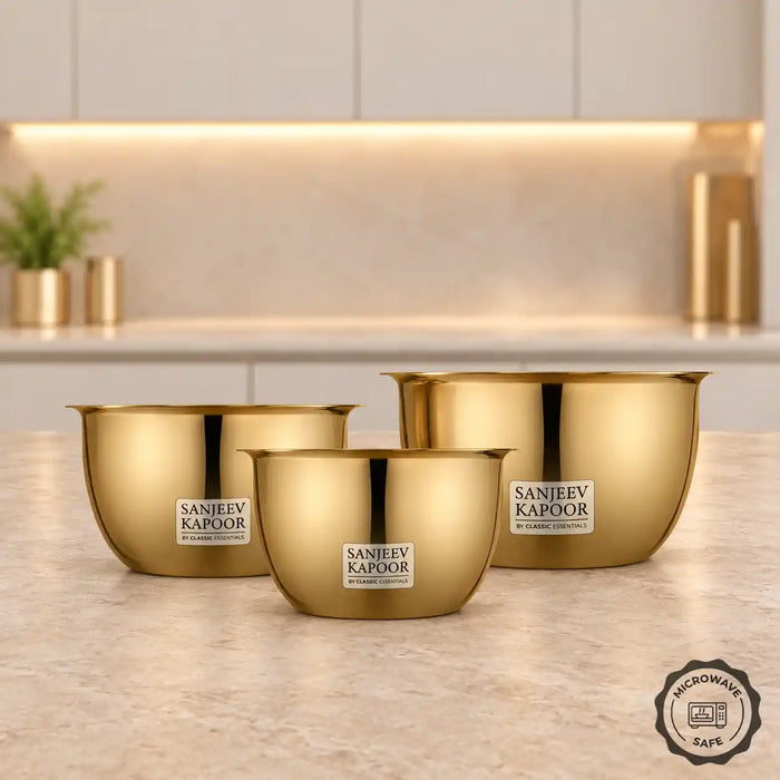Set of 3 (750ml, 1000ml, 1500ml) Gold PVD Microwave Safe Stainless Steel Portion Bowl Set | Sanjeev Kapoor Series - Classic Essentials