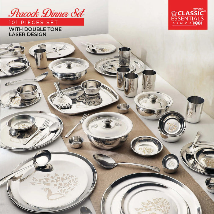 Stainless Steel Peacock Dinner Set of 101 Piece, Silver