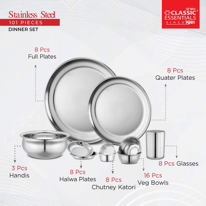 Stainless Steel Plain Dinner Set of 101 Piece, Silver