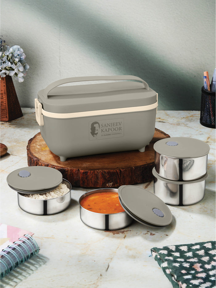 CLASSIC ESSENTIALS Sanjeev Kapoor Electric Lunch Box Set of 4 (2×300ml, 2×400ml) | Plug & Heat Food Warmer | Heats in 35–40 Min | Retains Nutrients & Freshness | Portable, Durable & Shock-Proof