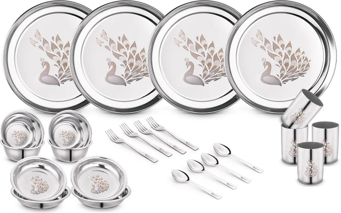 Classic Essentials Pack of 24 Stainless Steel Dinner Set | Serves 4 People | Heavy Gauge | Kitchen Set | Permanent Laser-Peacock Dinner Set