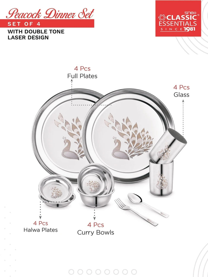 Classic Essentials Pack of 24 Stainless Steel Dinner Set | Serves 4 People | Heavy Gauge | Kitchen Set | Permanent Laser-Peacock Dinner Set