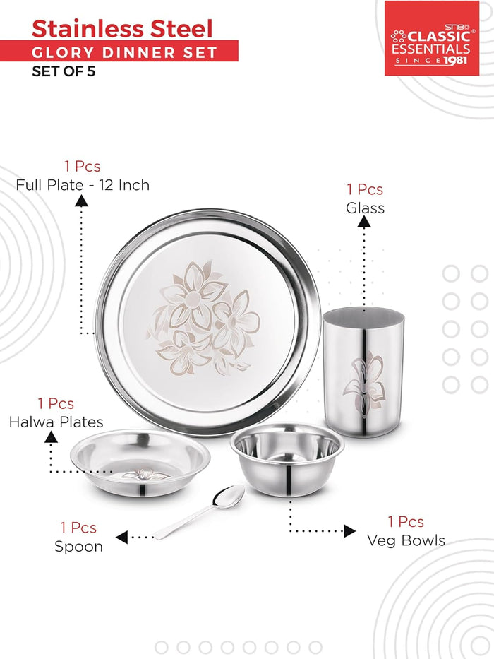 Classic Essentials 5-Piece Stainless Steel Dinner Set for 1 | Includes 1 Plate, 2 Bowls, 1 Glass & 1 Spoon | Floral Steel Dinner Set for Daily Use & Gifting
