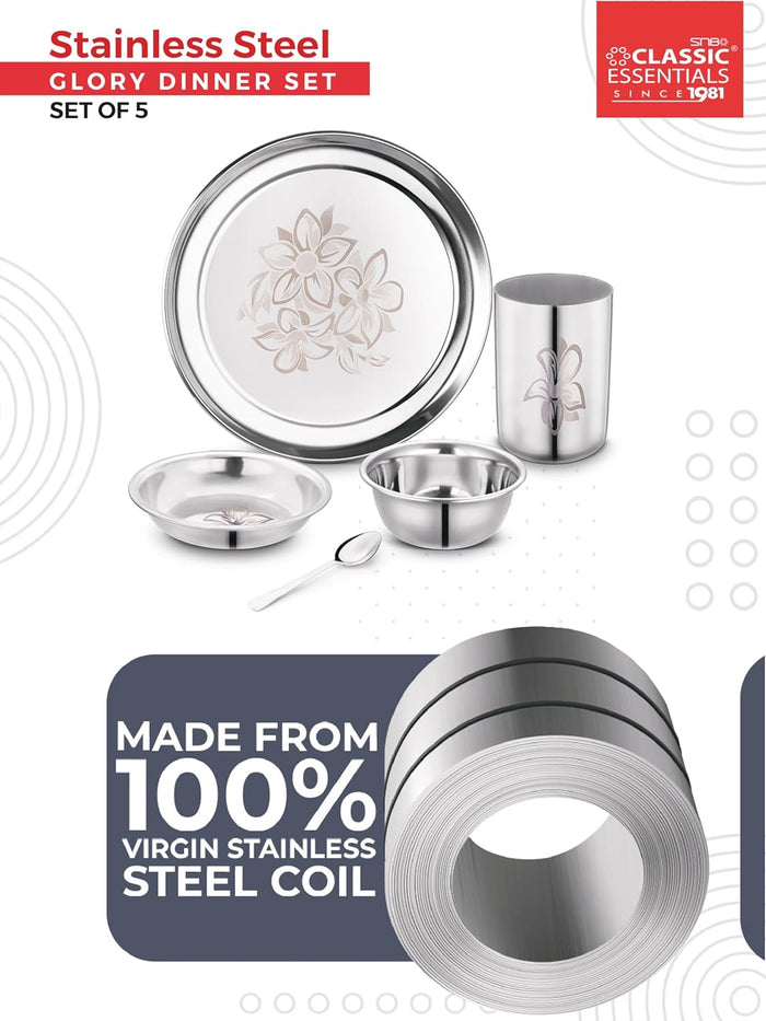 Classic Essentials 5-Piece Stainless Steel Dinner Set for 1 | Includes 1 Plate, 2 Bowls, 1 Glass & 1 Spoon | Floral Steel Dinner Set for Daily Use & Gifting