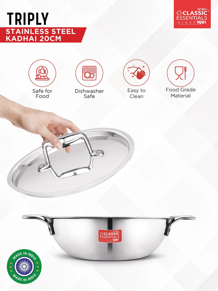 Classic Essentials Triply Stainless Steel Deep Kadhai with Lid | Food Grade Triply Stainless Steel | Induction Compatible | 26cm (3.2L)
