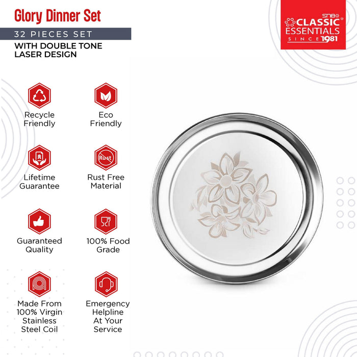Classic Essentials 68-Piece Stainless Steel Maple Dinner Set | Premium Silver Finish | Complete Family Dining Set