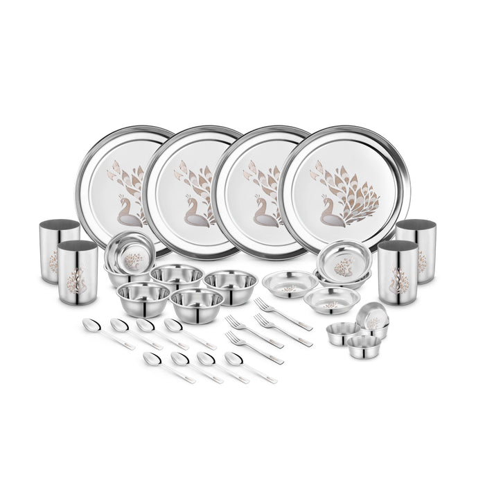 Classic Essentials Stainless Steel Dinner Set|Serves 4 People | Heavy Gauge | Kitchen Set | Permanent Laser-Peacock, (Set of 32)