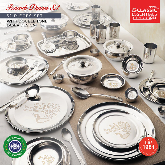 Classic Essentials Stainless Steel Dinner Set|Serves 4 People | Heavy Gauge | Kitchen Set | Permanent Laser-Peacock, (Set of 32)