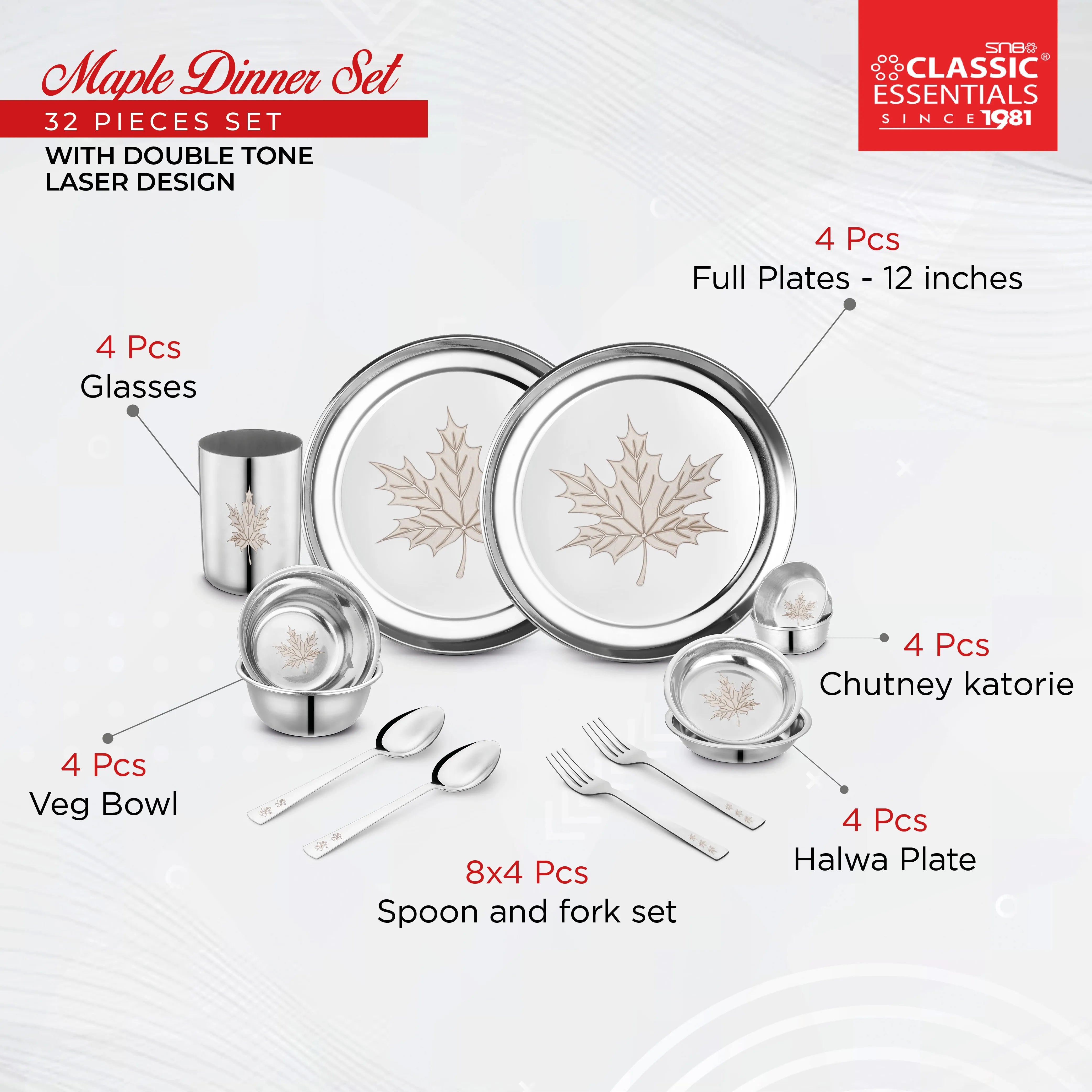 Stainless Steel 32 Piece Maple Dinner Set - Main Image