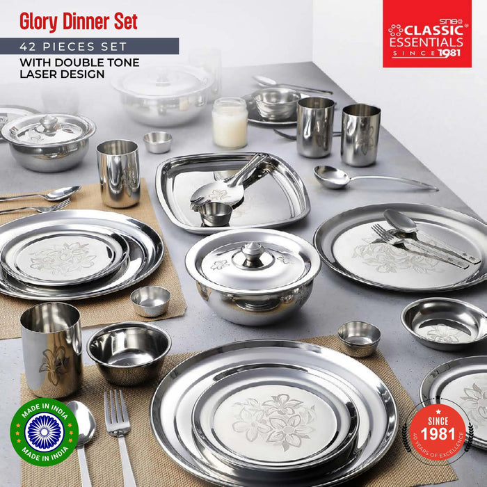 Stainless Steel Glory Dinner Set of 42 Pieces, Silver