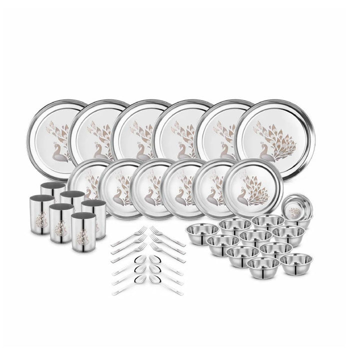 Stainless Steel Peacock Dinner Set of 42 Pieces, permanent laser light