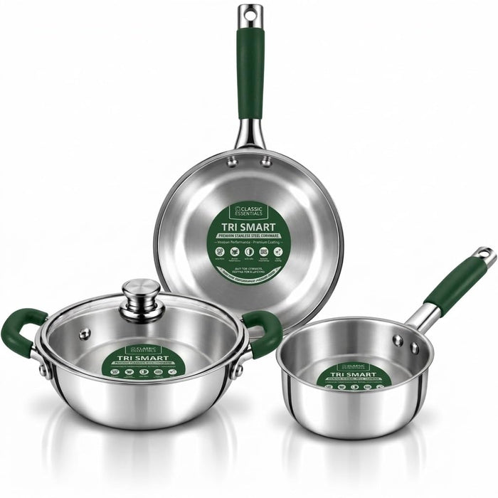 Classic Essentials Tri Smart Stainless Steel 3-Piece Cookware Set | 16 cm Sauce Pan (1.6 L), 22 cm Fry Pan (1.5 L) & 22 cm Kadhai (2.2 L) | Induction & Gas Stove Compatible with Soft-Touch Handles