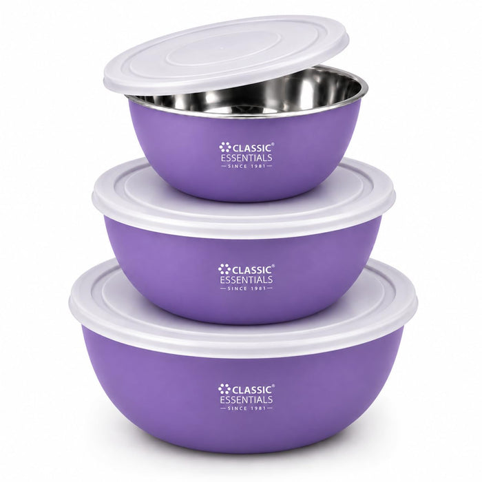 CLASSIC ESSENTIALS Stainless Steel Microwave Safe Mixing Bowls Set with Lids | Bowl Set of 3, (500 ml, 750 ml & 1250 ml) | Food Serving & Storage Containers | Scratch Resistant | Purple, White