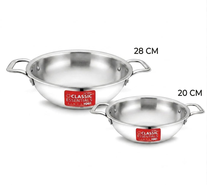 Classic Essentials Stainless Steel Kadhai Combo Set | 20 cm + 28 cm Heavy Gauge Kadhai | Multipurpose Cooking | Gas & Induction Compatible | Without Lid | Silver