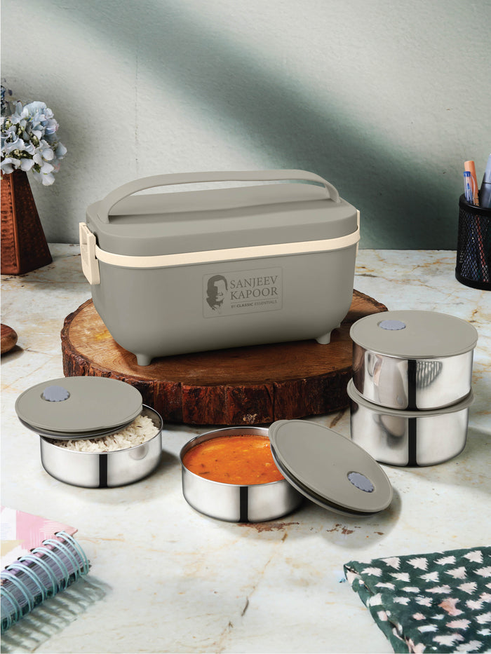 CLASSIC ESSENTIALS Sanjeev Kapoor Electric Lunch Box Set of 4 (2×300ml, 2×400ml) | Plug & Heat Food Warmer | Heats in 35–40 Min | Retains Nutrients & Freshness | Portable, Durable & Shock-Proof
