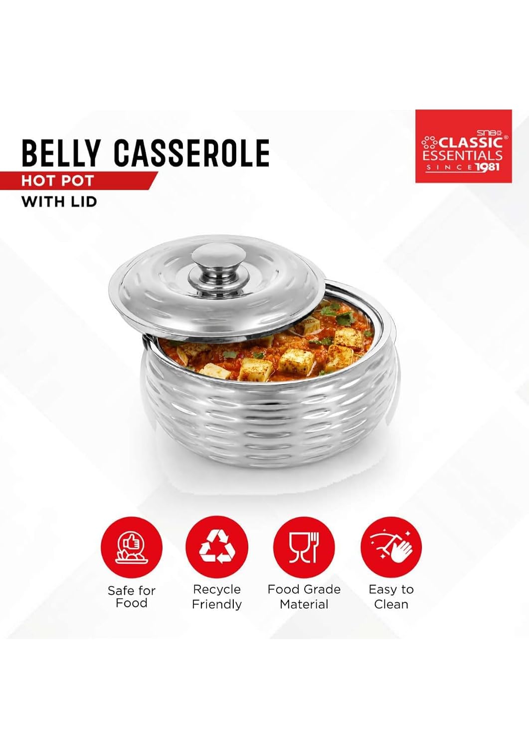 Classic Essentials Tripot Double Wall Insulated Belly Casserole 1500 ml | Stainless Steel Hot Pot Food Storage & Serving Container | Thermal Casserole for Roti, Rice, Dal, Curry & Meals | Ripple Design
