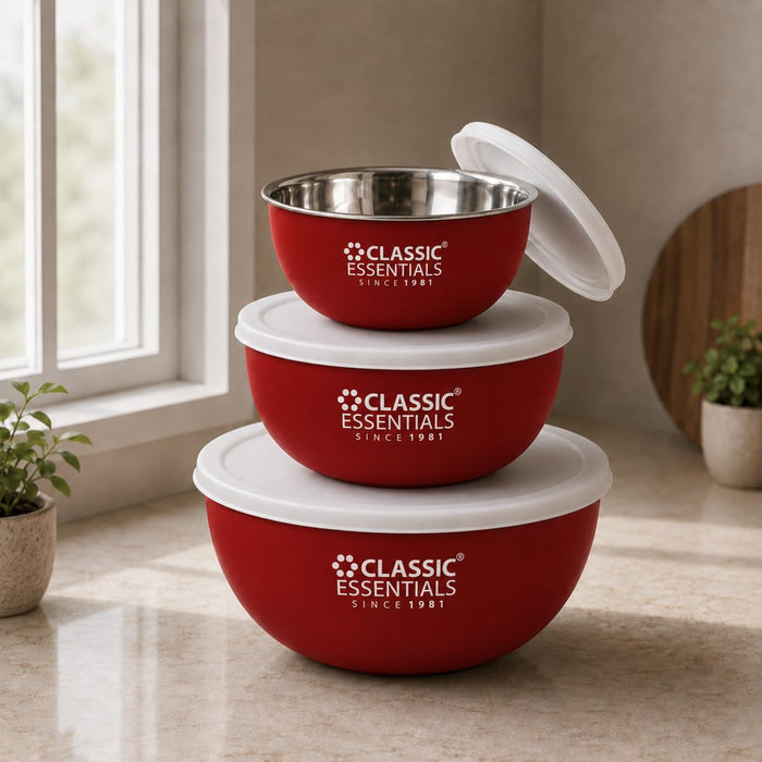 CLASSIC ESSENTIALS Stainless Steel Microwave Safe Mixing Bowls Set with Lids | Bowl Set of 3, (500 ml, 750 ml & 1250 ml) | Food Serving & Storage Containers | Scratch Resistant | Red, White
