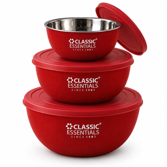 CLASSIC ESSENTIALS Stainless Steel Microwave Safe Mixing Bowls Set with Lids | Bowl Set of 3, (500 ml, 750 ml & 1250 ml) | Food Serving & Storage Containers | Scratch Resistant | Red