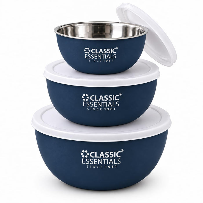 CLASSIC ESSENTIALS Stainless Steel Microwave Safe Mixing Bowls Set with Lids | Bowl Set of 3, (500 ml, 750 ml & 1250 ml) | Food Serving & Storage Containers | Scratch Resistant | Dark Blue, White