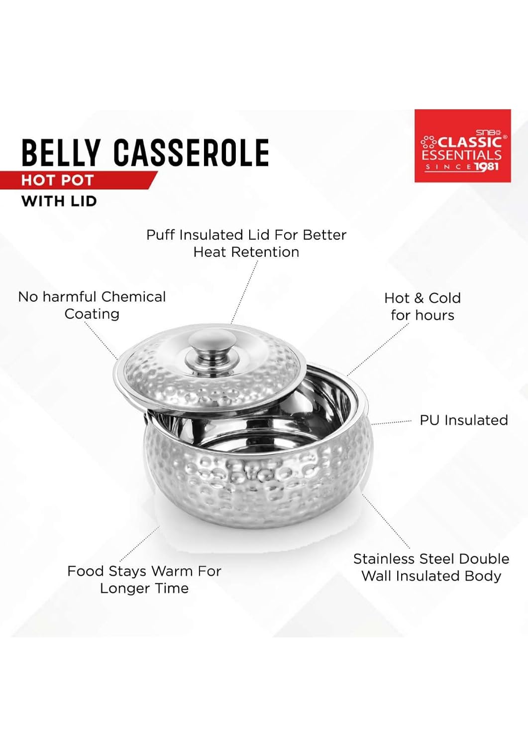 Classic Essentials Tripot Double Wall Insulated Belly Casserole 1500 ml | Stainless Steel Hot Pot Food Storage & Serving Container | Thermal Casserole for Roti, Rice, Dal, Curry & Meals | Pebble Design
