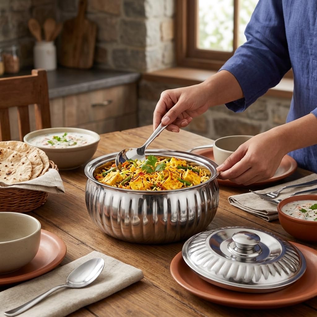 Classic Essentials Tripot Double Wall Insulated Belly Casserole 1500 ml | Stainless Steel Hot Pot Food Storage & Serving Container | Thermal Casserole for Roti, Rice, Dal, Curry & Meals | Lotus Design