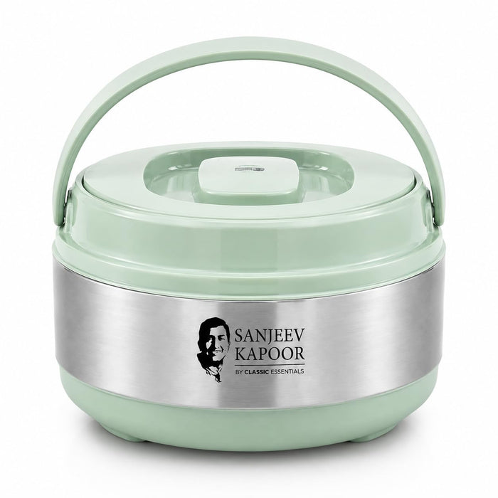 Sanjeev Kapoor by Classic Essentials Stainless Steel Insulated Hot Meal Serving Volga Casserole (2000 ml) Casserole with Lid for Roti/Chapati | Double Wall Insulated Hot Meal/Chapati/Curry Set Green