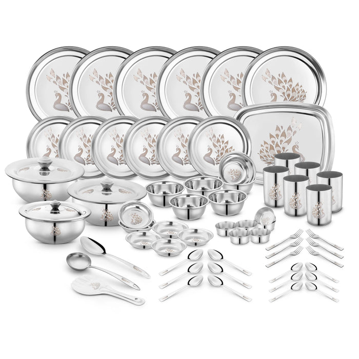 Peacock Stainless Steel Dinner Set, 61 Piece, Silver