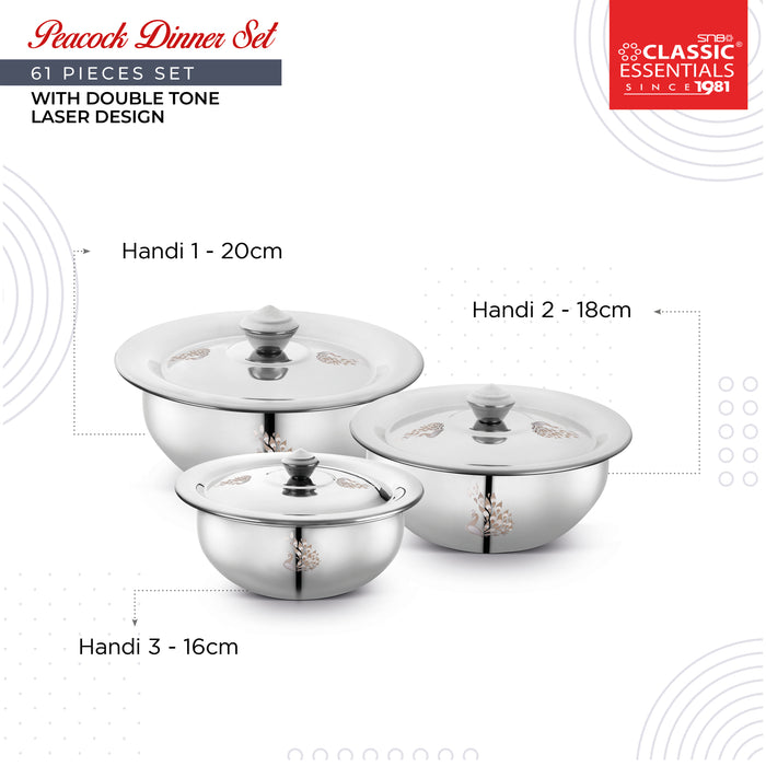 Peacock Stainless Steel Dinner Set, 61 Piece, Silver