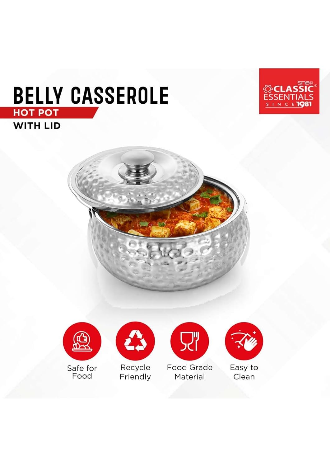 Classic Essentials Tripot Double Wall Insulated Belly Casserole 1500 ml | Stainless Steel Hot Pot Food Storage & Serving Container | Thermal Casserole for Roti, Rice, Dal, Curry & Meals | Pebble Design
