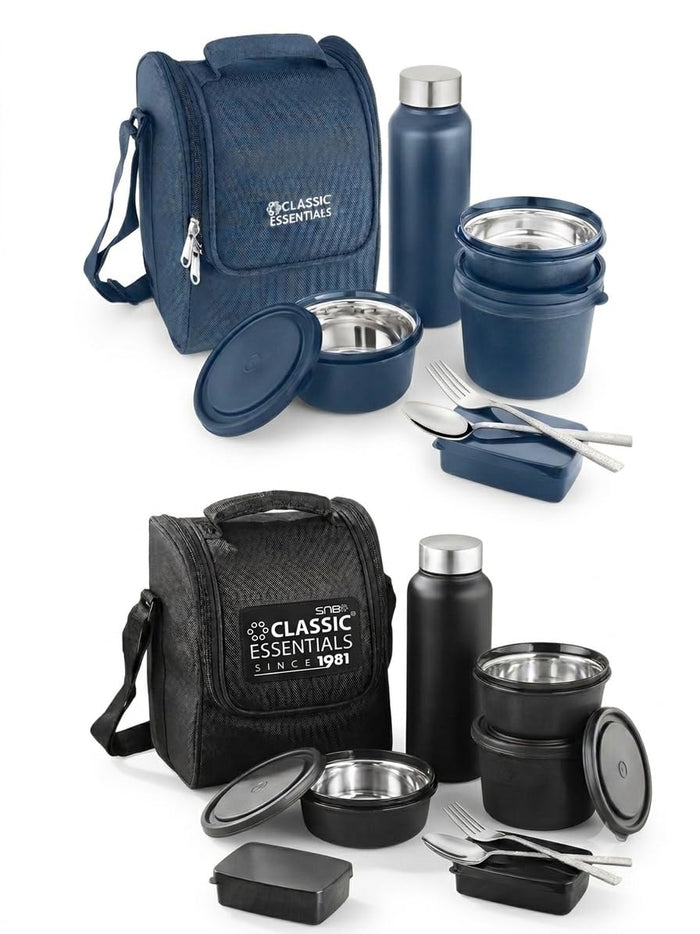 Supreme All in One Lunch Box Combo Pack (Black + Blue) with Insulated Bags & Water Bottles | Microwave Safe Containers with Stainless Steel Inner | Leak Resistant | Ideal for Office, School & Travel