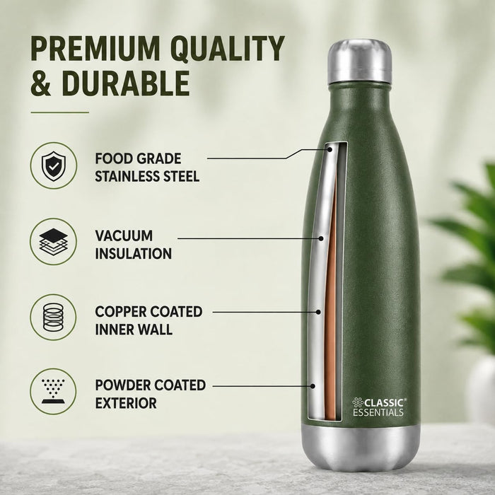Classic Essentials Insulated Double Wall Stainless Steel Water Bottle 500 ML | 12 Hours Hot & 24 Hours Cold | Vacuum Insulated, Leakproof Bottle for Home, Office, Gym & Travel (Military Green)