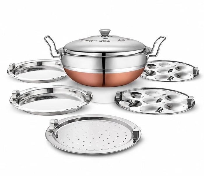 Classic Essentials Multi Copper Kadhai Stainless Steel Idli Maker 28 cm, 4.4 Liter Set of 5 | 14 Idli (2 Plates), 1 Steamer Plate | Induction & Gas Compatible | Ideal for Idli, Momos & Steaming Vegetables