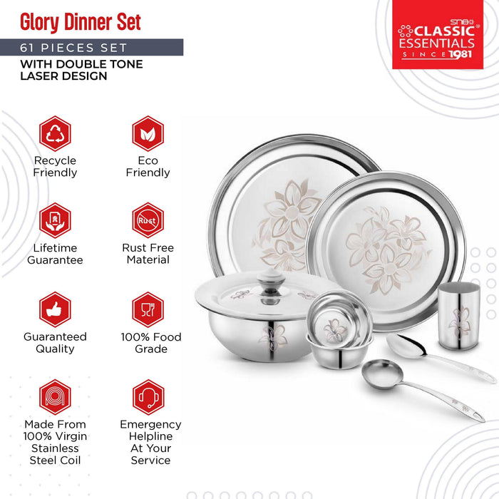 Glory Stainless Steel Dinner Set, 61 Piece, Silver