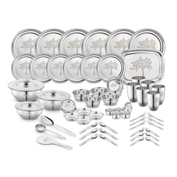 Vriksha Stainless Steel Dinner Set, 61 Piece, Silver