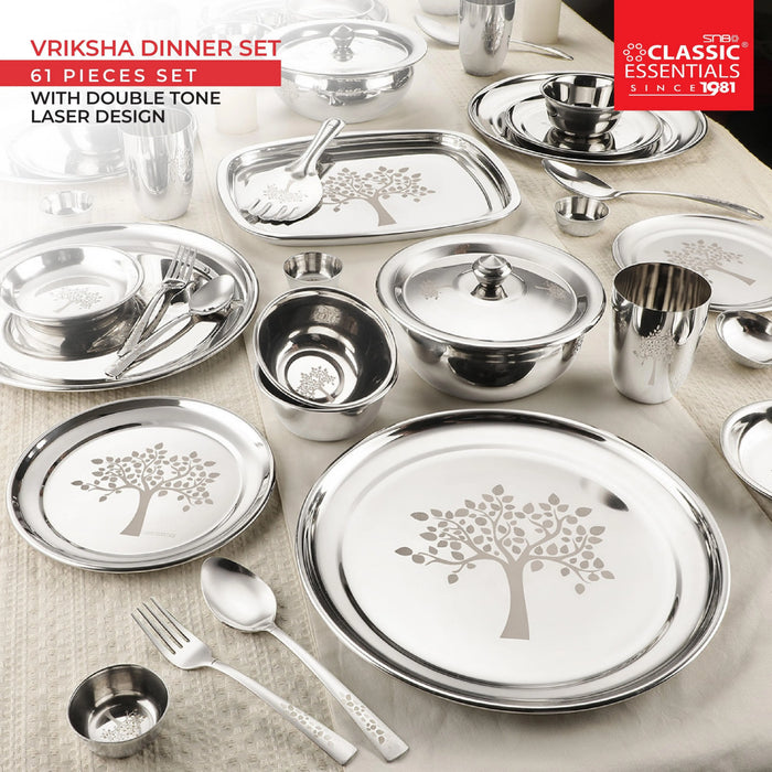 Vriksha Stainless Steel Dinner Set, 61 Piece, Silver