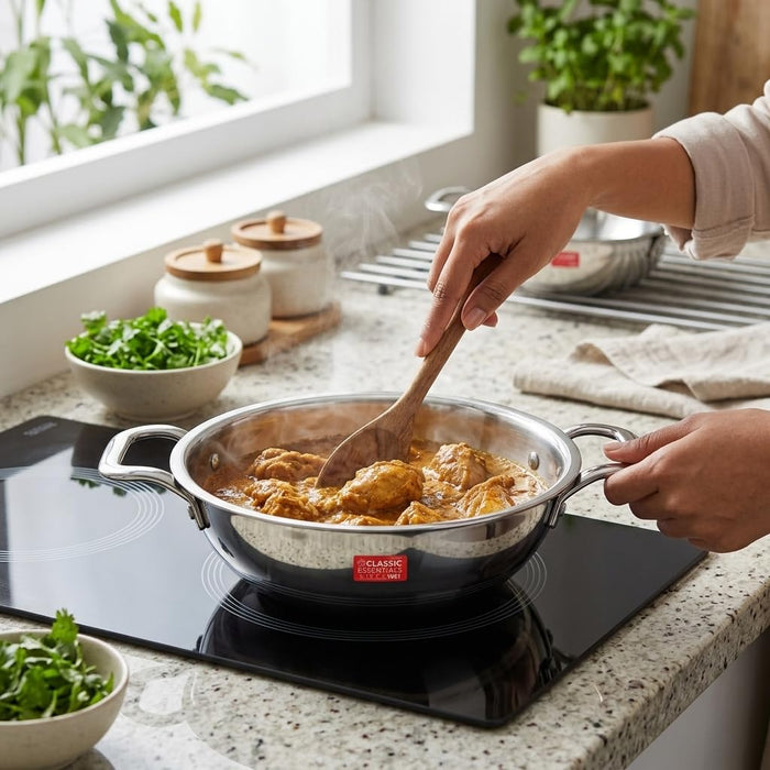 Classic Essentials Stainless Steel Kadhai Combo Set | 20 cm + 28 cm Heavy Gauge Kadhai | Multipurpose Cooking | Gas & Induction Compatible | Without Lid | Silver