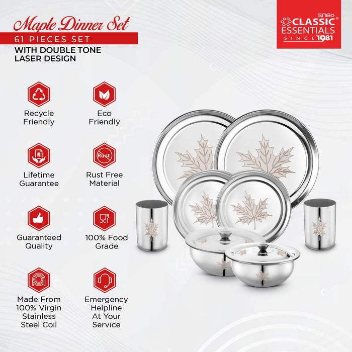 Maple Stainless Steel Dinner Set, 61 Piece, Silver