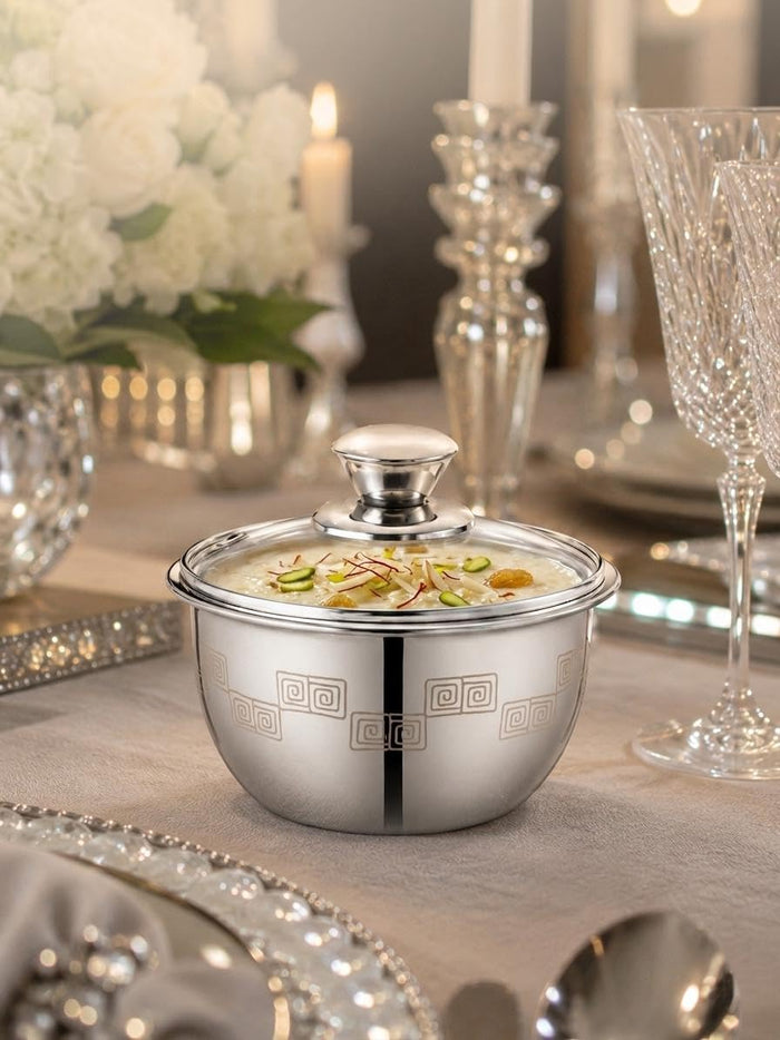 Sanjeev Kapoor Classic Essentials Stainless Steel Mixing & Serving Bowl (1900ml) – Aztec Laser Design, Mirror Finish, Microwave-Safe