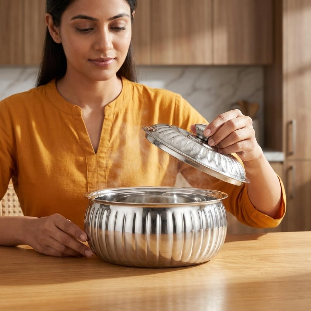 Classic Essentials Tripot Double Wall Insulated Belly Casserole 1500 ml | Stainless Steel Hot Pot Food Storage & Serving Container | Thermal Casserole for Roti, Rice, Dal, Curry & Meals | Lotus Design