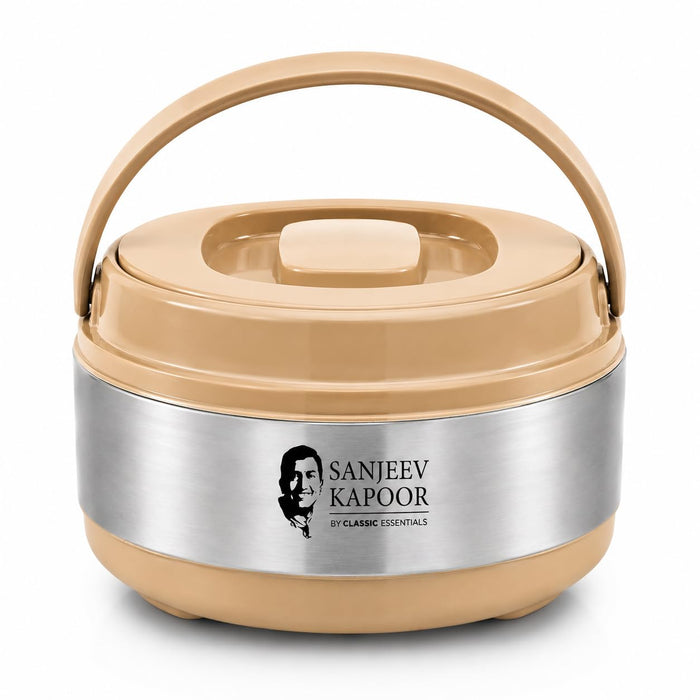 Sanjeev Kapoor by Classic Essentials Stainless Steel Insulated Hot Meal Serving Volga Casserole (2000 ml) Casserole with Lid for Roti/Chapati | Double Wall Insulated Hot Meal/Chapati/Curry Set Beige