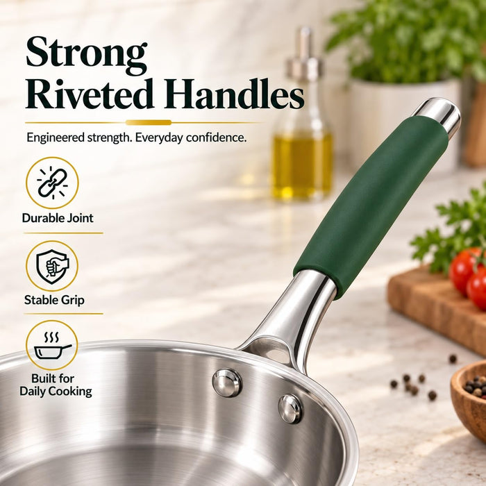 Classic Essentials Tri Smart Stainless Steel 3-Piece Cookware Set | 16 cm Sauce Pan (1.6 L), 22 cm Fry Pan (1.5 L) & 22 cm Kadhai (2.2 L) | Induction & Gas Stove Compatible with Soft-Touch Handles