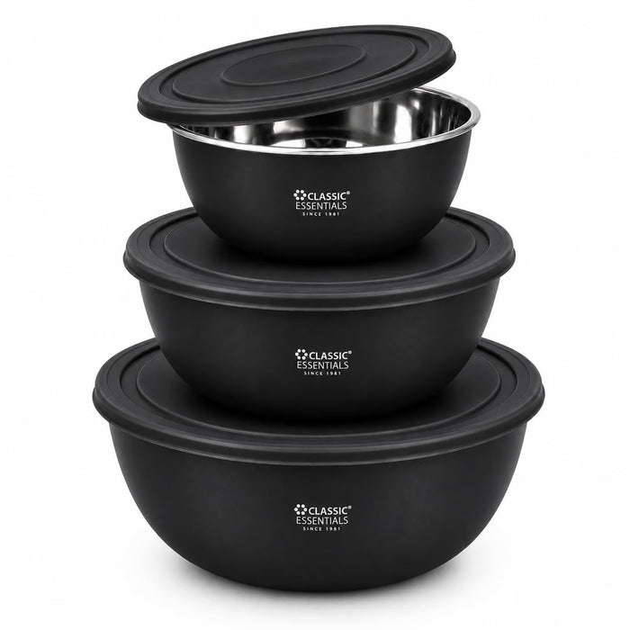 CLASSIC ESSENTIALS Stainless Steel Microwave Safe Mixing Bowls Set with Lid Black | Food Serving & Storage Containers for Modern Kitchen, Set of 3 (500 ml, 750 ml & 1250 ml) | Black