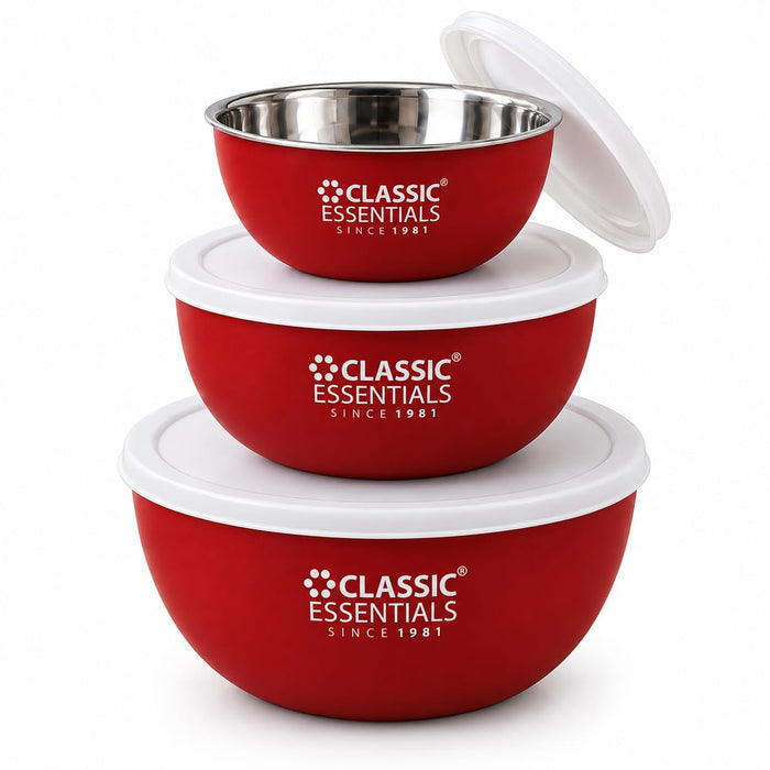 CLASSIC ESSENTIALS Stainless Steel Microwave Safe Mixing Bowls Set with Lids | Bowl Set of 3, (500 ml, 750 ml & 1250 ml) | Food Serving & Storage Containers | Scratch Resistant | Red, White