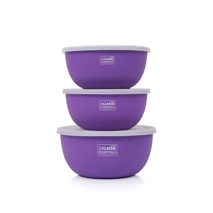 CLASSIC ESSENTIALS Stainless Steel Microwave Safe Mixing Bowls Set with Lids | Bowl Set of 3, (500 ml, 750 ml & 1250 ml) | Food Serving & Storage Containers | Scratch Resistant | Purple, White