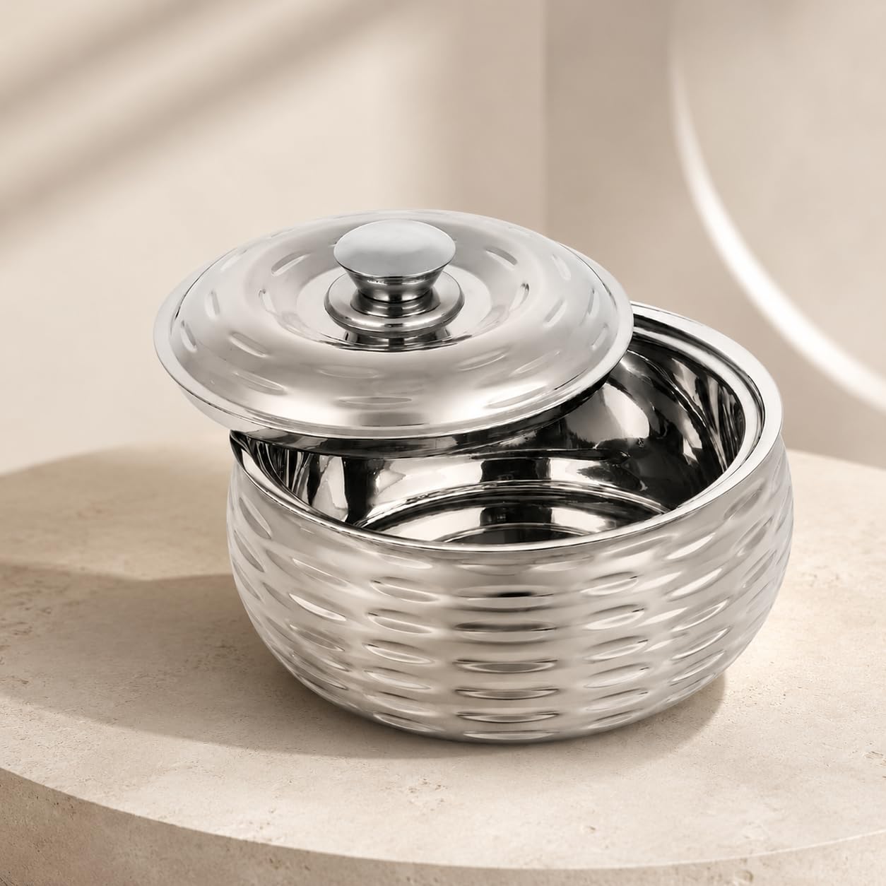Classic Essentials Tripot Double Wall Insulated Belly Casserole 1500 ml | Stainless Steel Hot Pot Food Storage & Serving Container | Thermal Casserole for Roti, Rice, Dal, Curry & Meals | Ripple Design
