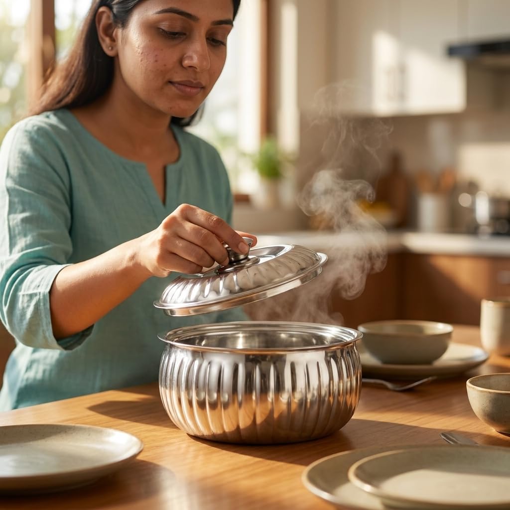 Classic Essentials Tripot Double Wall Insulated Belly Casserole 1500 ml | Stainless Steel Hot Pot Food Storage & Serving Container | Thermal Casserole for Roti, Rice, Dal, Curry & Meals | Lotus Design